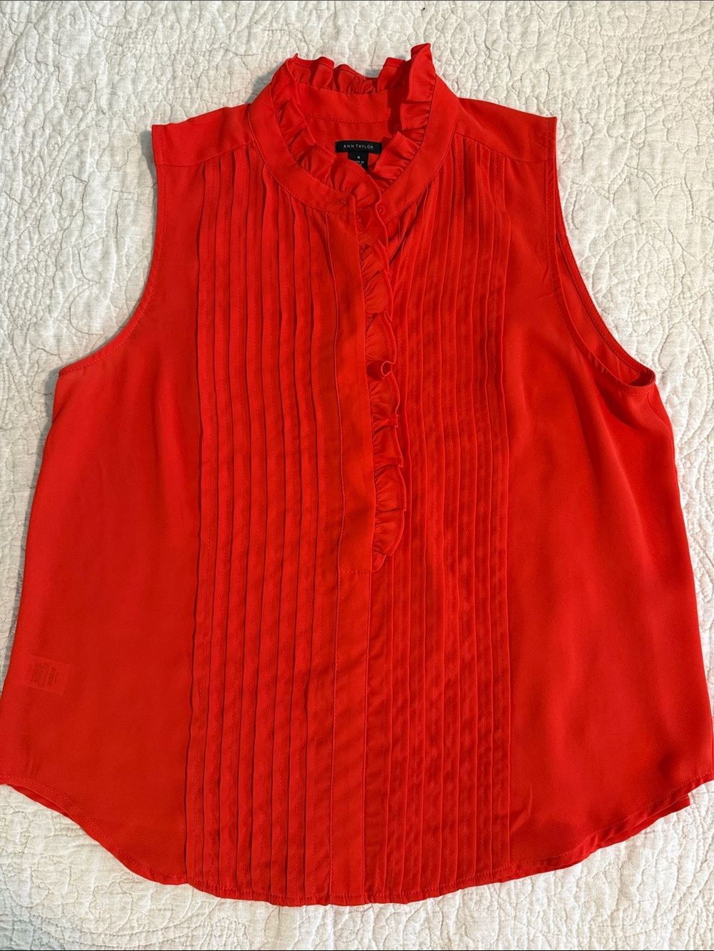 Ann Taylor Orange Sleeveless Pintuck Ruffle Front Sleeveless Blouse